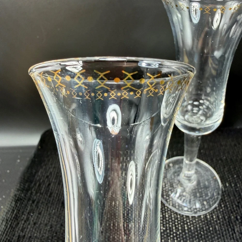 West‎ Elm Gold Pattern Champagne Flutes Set of 2 Flared Stemware Clear Glass VTG